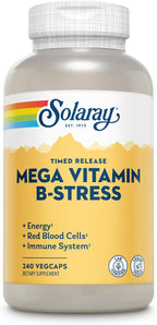 SOLARAY Mega Vitamin B-Stress - Complejo B de Liberación Prolongada con Vitamina B12, B6, Ácido Fólico, Vitamina C - Apoyo para el Estrés, Energía, Glóbulos Rojos, Sistema Inmunológico - Vegano, 276 Comprimidos