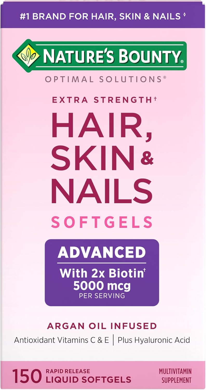 Nature's Bounty Advanced Hair, Skin & Nails, Suplemento con Biotina, Ácido Hialurónico y Aceite de Argán, 150 Cápsulas Blandas