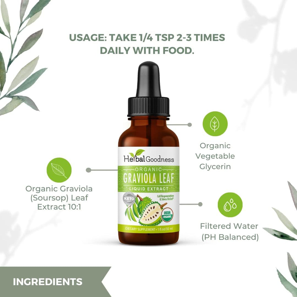 Herbal Goodness Extracto Orgánico de Hojas de Guanábana Graviola - 1 oz (30 ml) - Tintura Líquida Concentrada 15:1