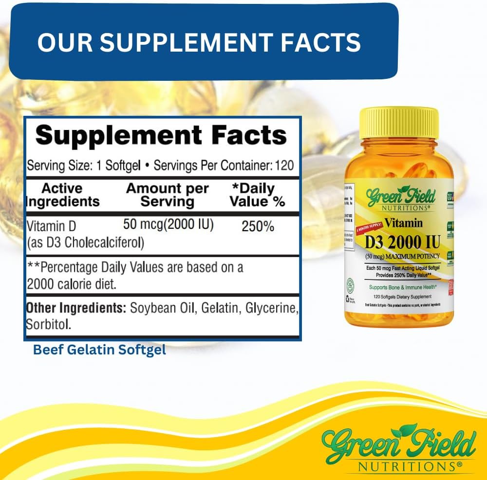 Greenfield Nutritions Vitamina D3 2000 UI Halal - 50 mcg, 120 Perlas Blandas