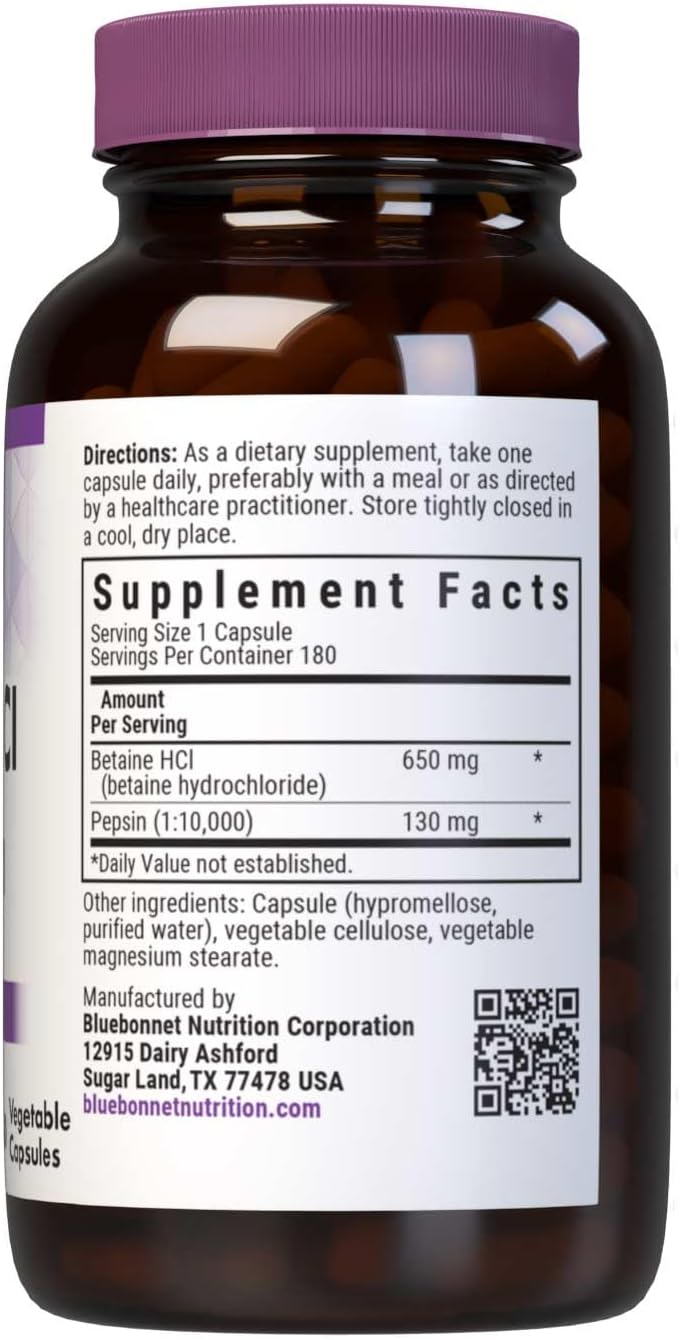 BlueBonnet Betaina HCI Plus Pepsin - 180 Cápsulas Vegetales