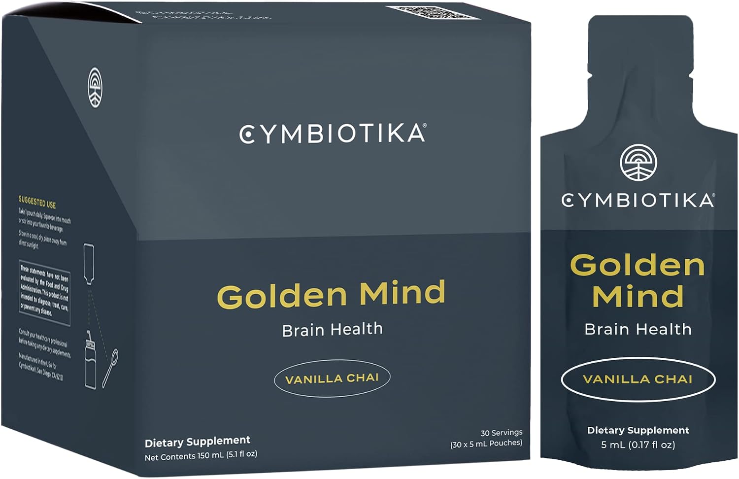 CYMBIOTIKA Golden Mind Nootropic - Mejora el enfoque, la memoria, el estado de alerta, apoya el sistema nervioso con Bacopa, Té verde, Melena de león, L-Teanina, Rhodiola | 30 sobres