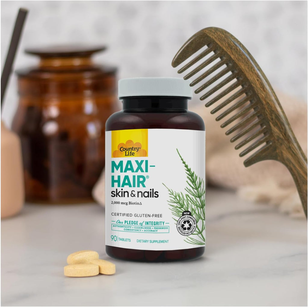 Country Life Maxi-Hair Suplemento con Biotina 2000 µg y Vitaminas para Cabello, Piel y Uñas - 90 Comprimidos