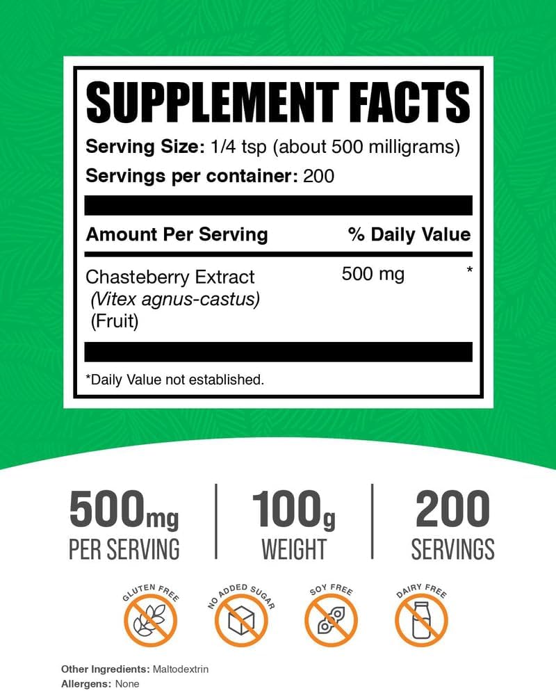 Extracto de Chasteberry (Vitex) en Polvo - Suplemento Herbal - Vegano y Sin Gluten - 500mg por Ración - 100g