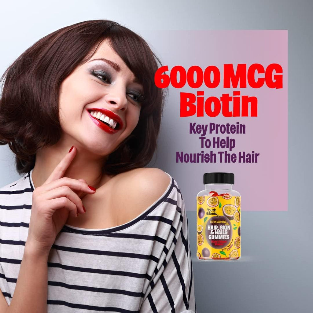 70 Gominolas de Biotina 6000mcg, Colágeno, Silicona, PABA y Multivitaminas para Cabello, Piel y Uñas - Youth & Tonic