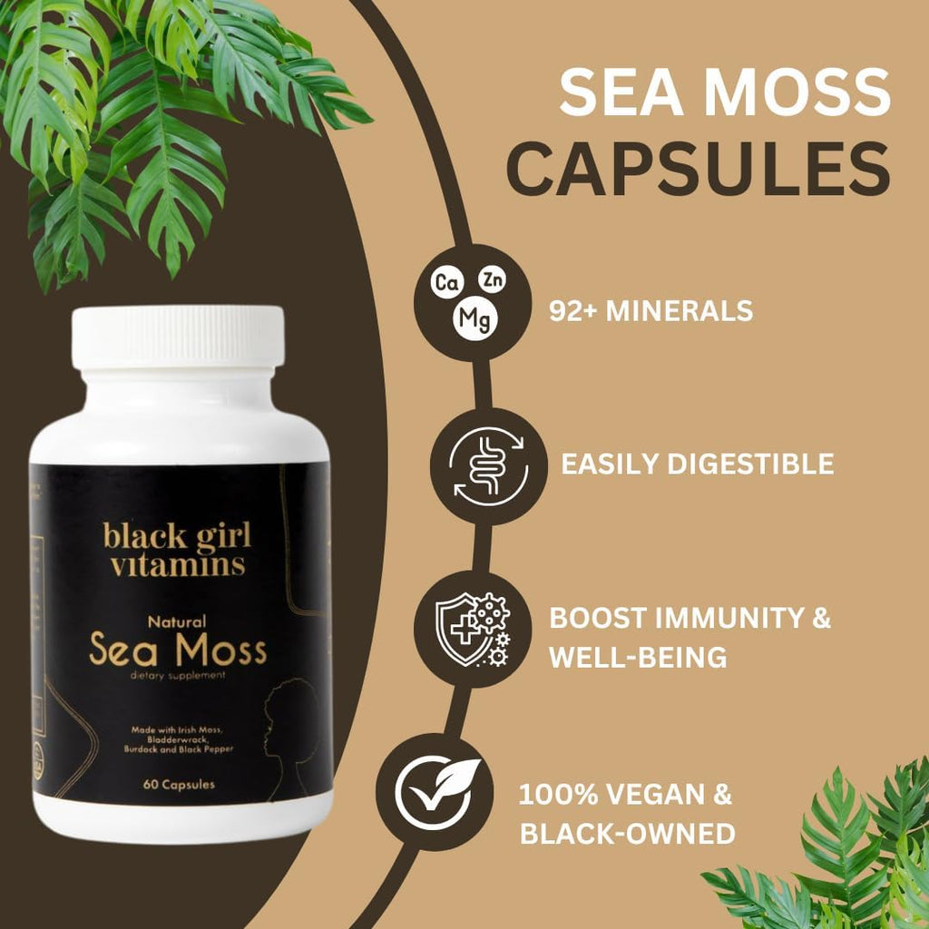 Black Girl Vitamins Sea Moss Orgánico en Cápsulas – 92 Minerales Superalimento – Vegano y No Transgénico