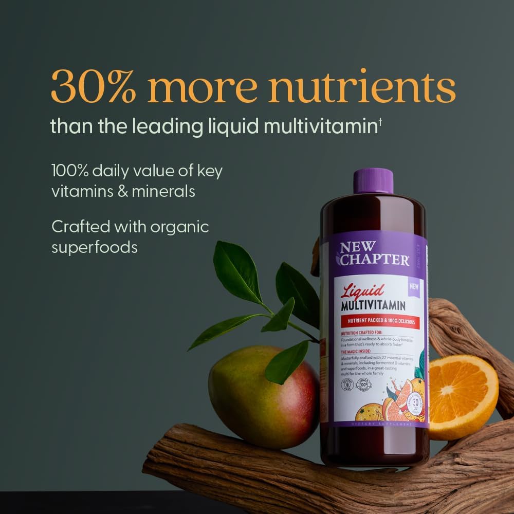 New Chapter Multivitamínico Líquido + Minerales - Apoyo Corporal Integral para Adultos, Adolescentes y Niños 2+ - 22 Vitaminas y Minerales Esenciales - Fácil Absorción - Sabor Naranja Mango - 887 ml