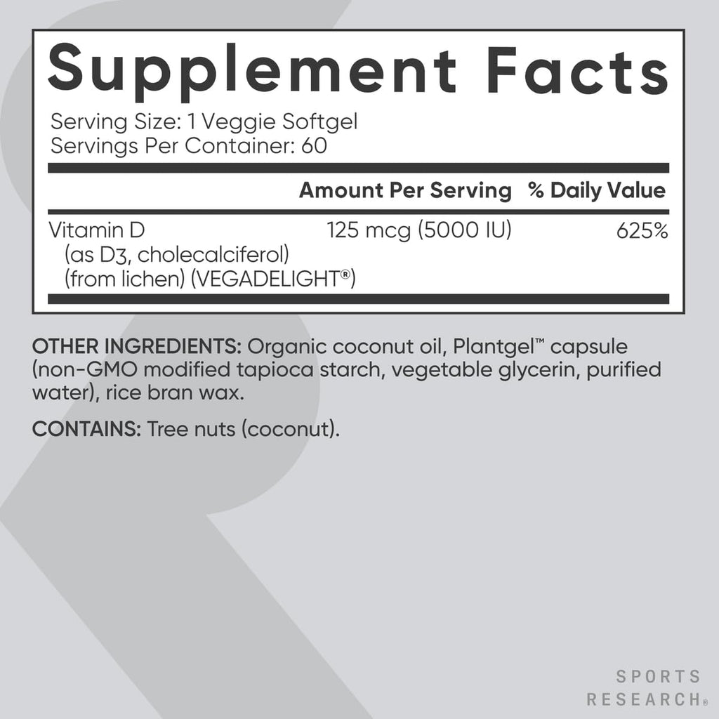 Sports Research Vitamina D3 Vegana 5000 IU (125 mcg) con Aceite de Coco - 60 Softgels