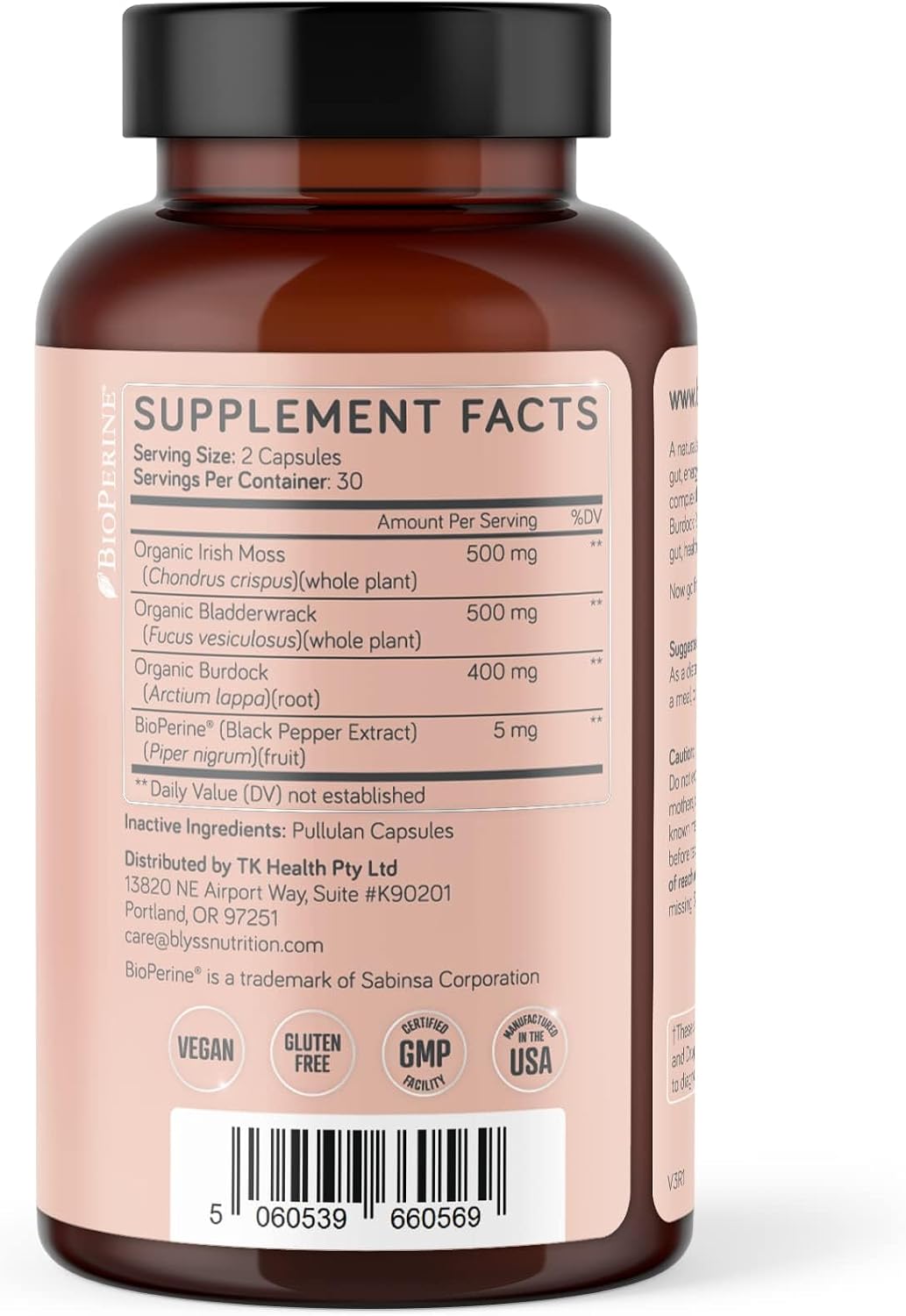 BLYSS Nutrition Musgo Marino Irlandés Orgánico con Bardana y Fucus - 60 Cápsulas Veganas