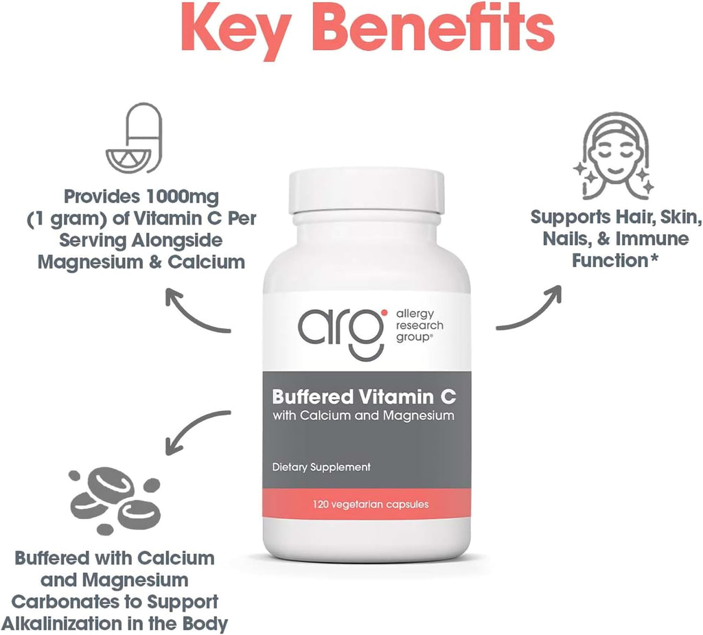 Allergy Research Group ARG Buffered Vitamin C - 1000 mg - Immune Support - Vegetarian Capsules - Hypoallergenic - 120 Capsules
