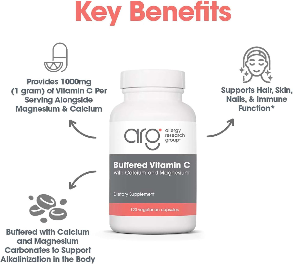 Allergy Research Group ARG Vitamina C Tamponada - 1000 mg - Apoyo Inmunológico - Cápsulas Vegetales - Hipoalergénico - 120 – Image 6