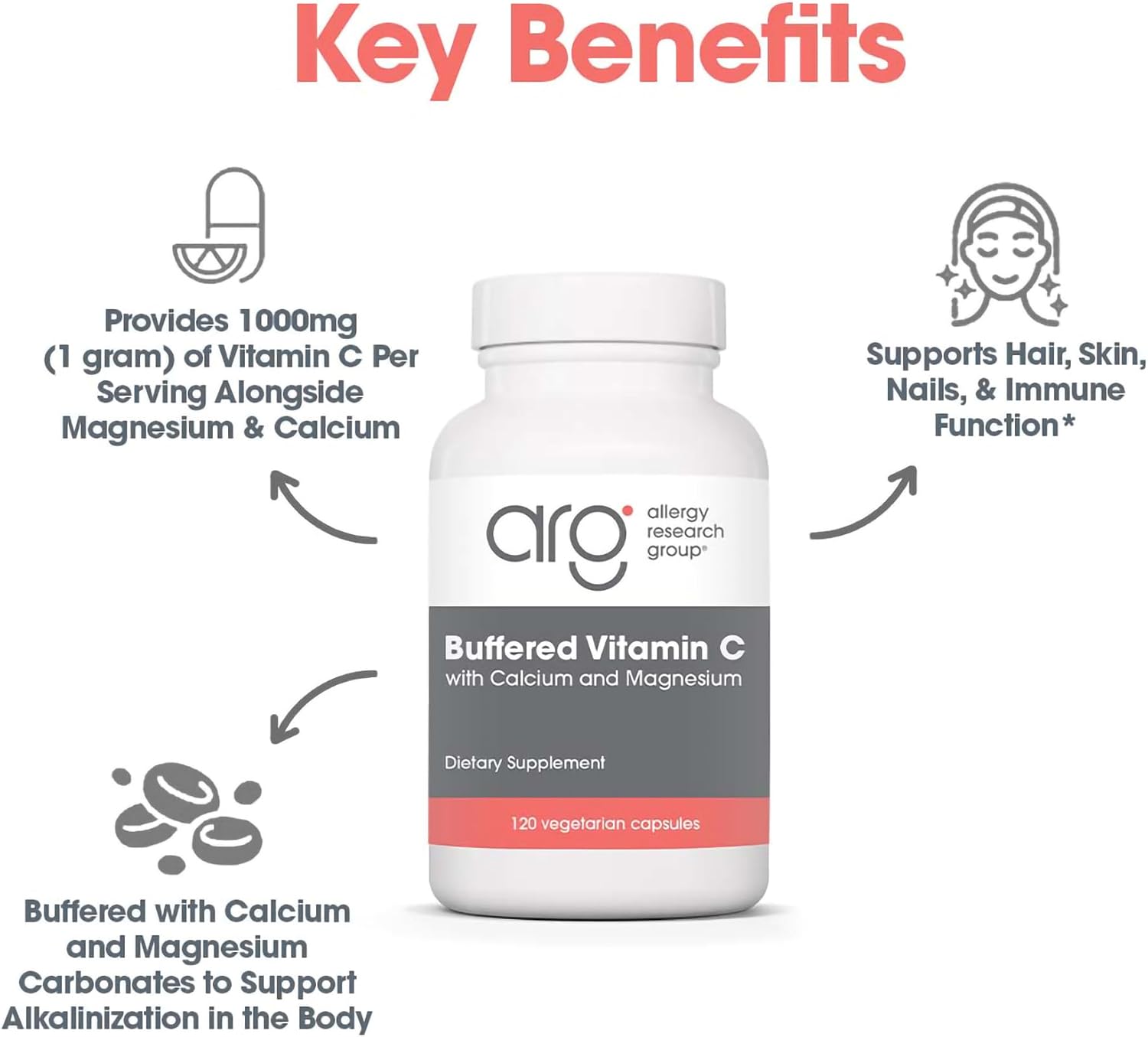 Allergy Research Group ARG Buffered Vitamin C - 1000 mg - Immune Support - Vegetarian Capsules - Hypoallergenic - 120 Capsules