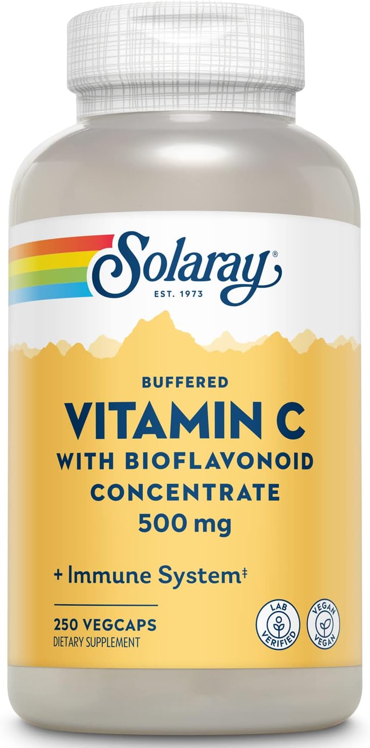 Solaray Buffered Vitamin C 500mg - with Bioflavonoids, Rose Hips and Acerola - 250 Vegan Capsules