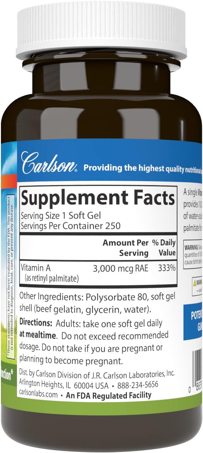 Carlson Labs Solubilized Vitamin A, 10,000 IU, 250 Soft Gels