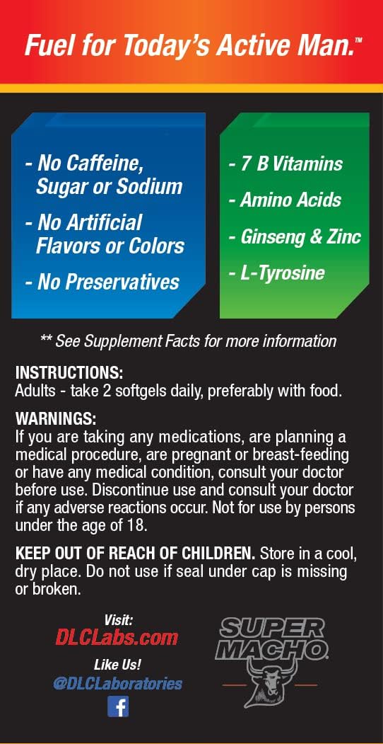 Super Macho Dietary Supplement with High-Potency Zinc and 7 B Vitamins, Preservative-Free, Sugar-Free, and Caffeine-Free, 50 Soft Capsules