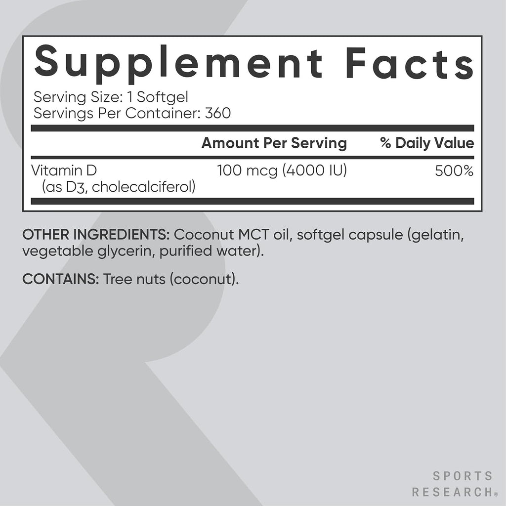 Sports Research Vitamina D3 4000 IU con Aceite MCT de Coco - 360 Cápsulas Blandas - No-GMO, Sin Gluten, Sin Soja