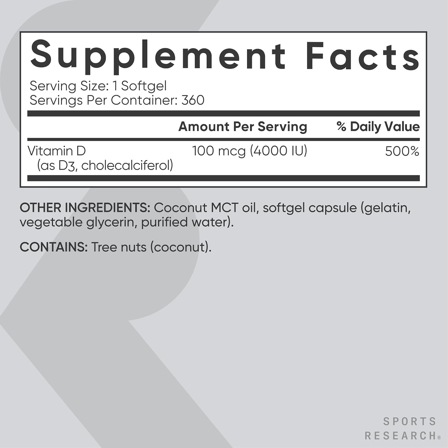 Sports Research Vitamina D3 4000 IU con Aceite MCT de Coco - 360 Cápsulas Blandas - No-GMO, Sin Gluten, Sin Soja