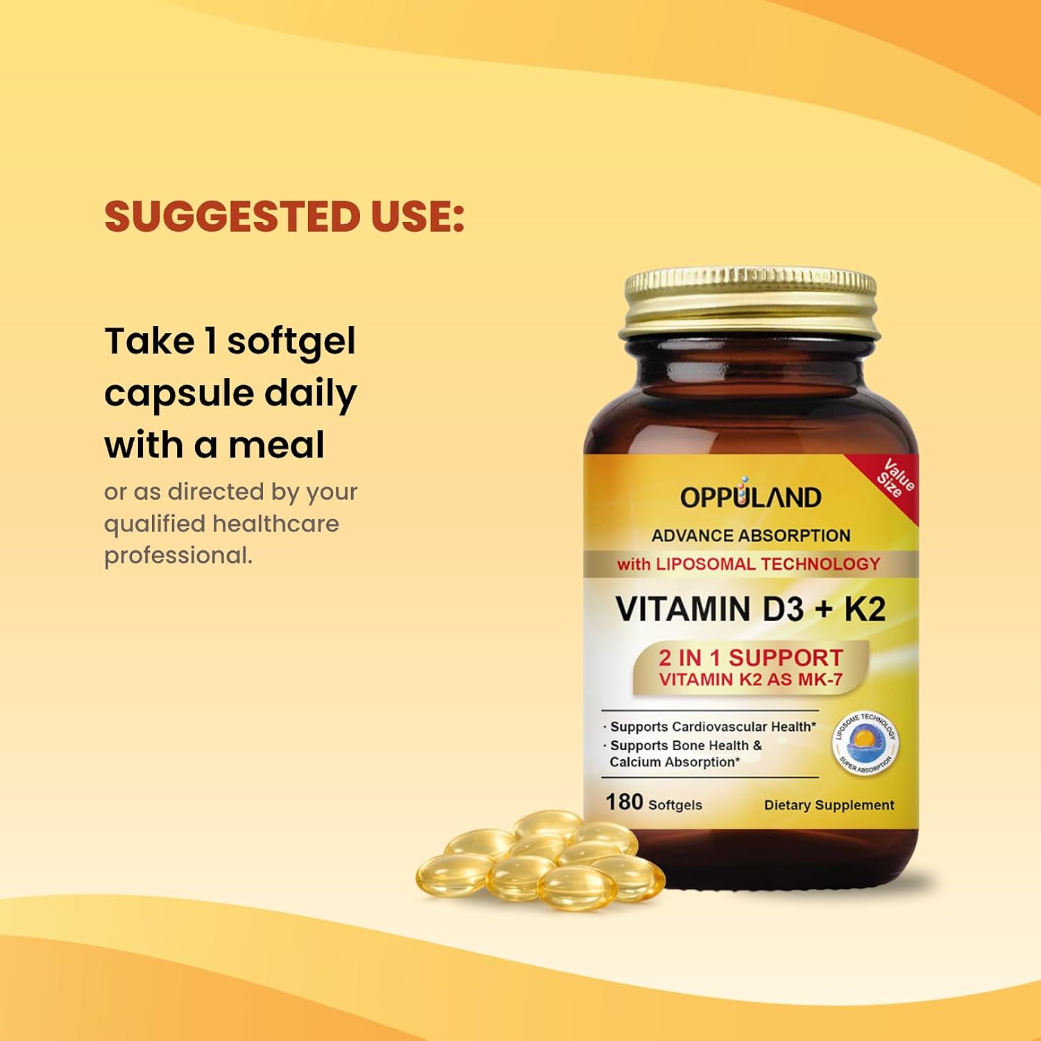 Oppuland Vitamina D3 + K2 5000 UI - Tecnología Liposomal - MK-7 Vitamina K2 100 mcg - Complemento para Huesos y Metabolismo del Calcio - 180 Cápsulas Blandas