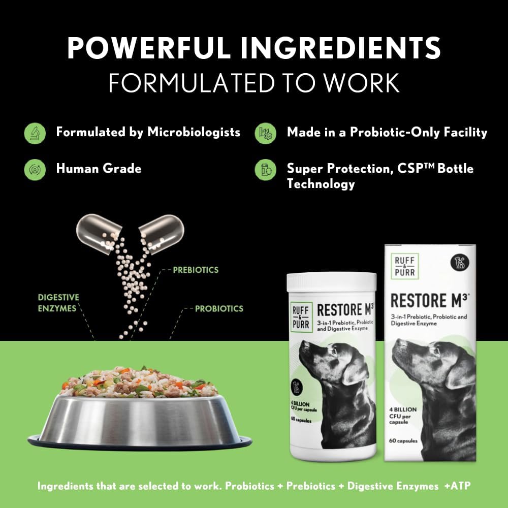 Ruff & Purr Probióticos para Perros – 3 en 1: Probióticos, Prebióticos y Enzimas Digestivas con DE111 y PreforPro