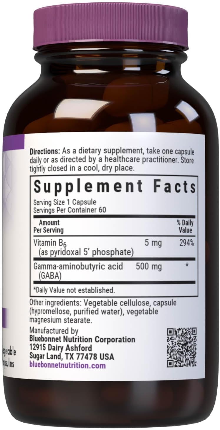 BlueBonnet Nutrition GABA 500mg con Vitamina B6 (P5P) - 60 Cápsulas Vegetales