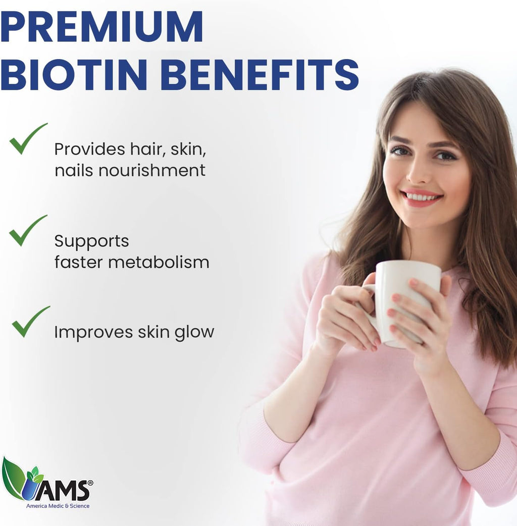America Medic & Science Biotina 5000 mcg – Complemento de Vitamina B7 para Cabello, Piel y Uñas