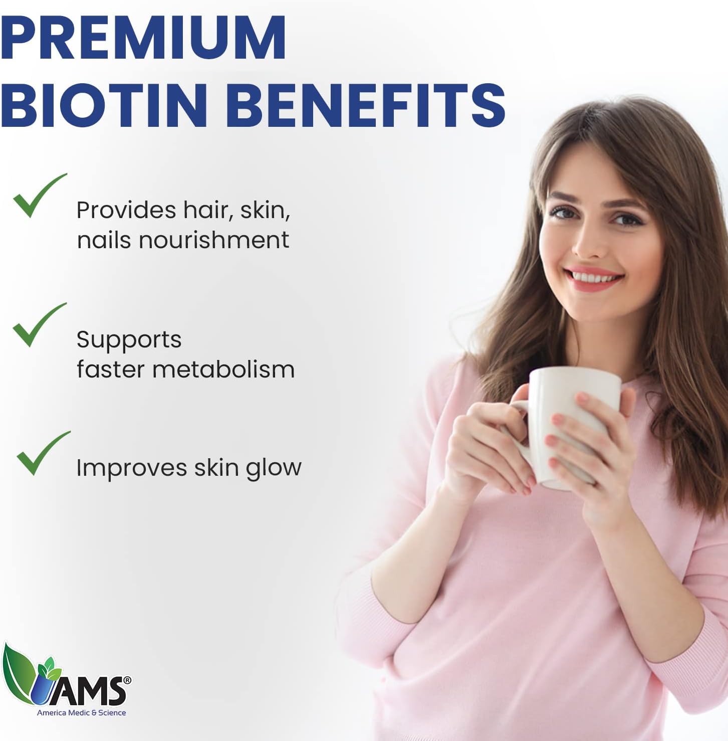 America Medic & Science Biotina 5000 mcg – Complemento de Vitamina B7 para Cabello, Piel y Uñas