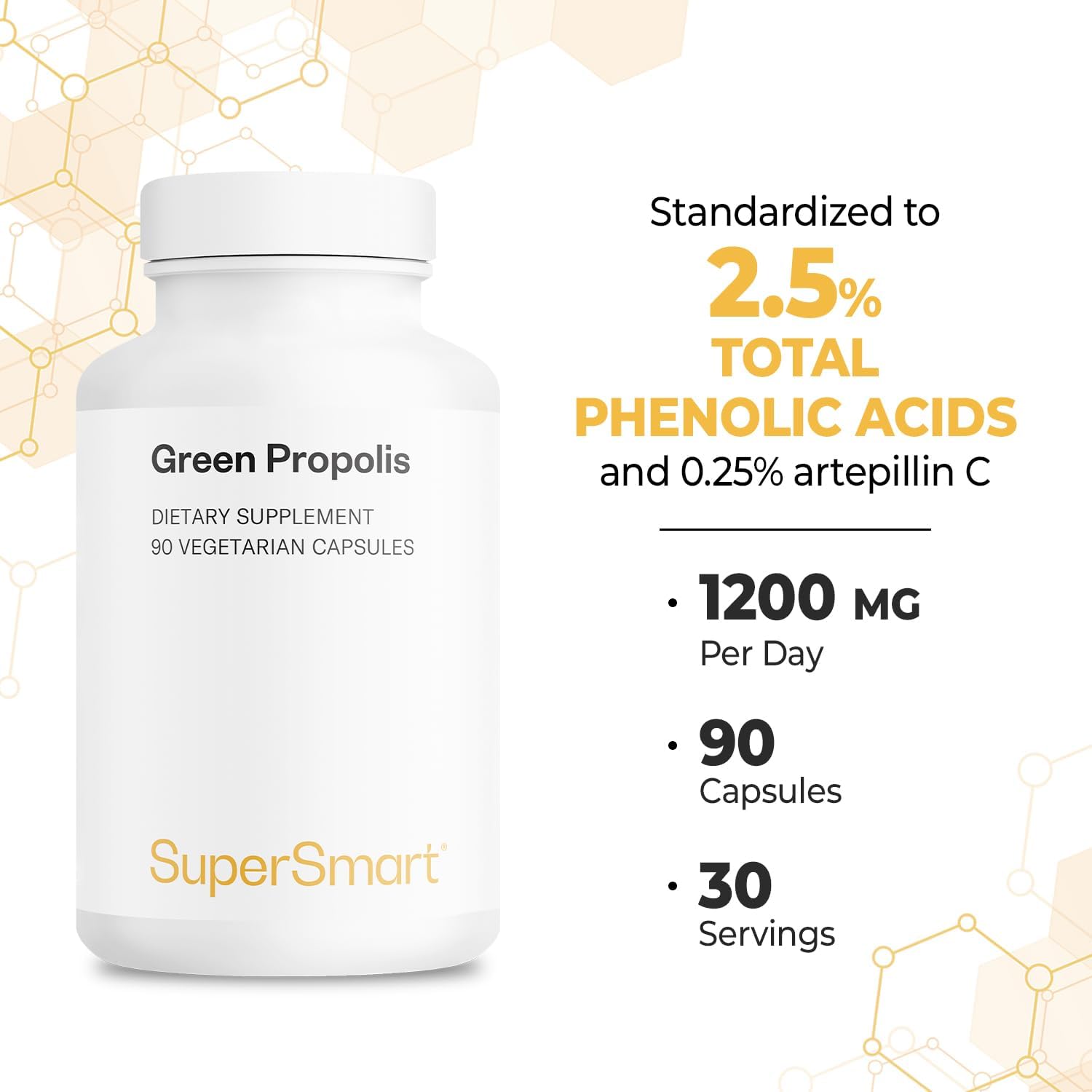 Supersmart Propóleo Verde 1200 mg - Extracto Patentado Green Art - 90 Cápsulas Vegetales