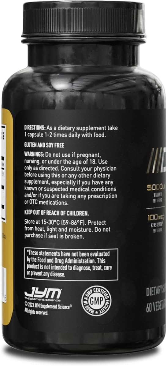 JYM D3 + K2: 5000 IU Vitamina D3 y 100 mcg Vitamina K2 MK-7 – Apoyo Óseo, Cardiovascular e Inmunológico (60 Cápsulas Vegetales)