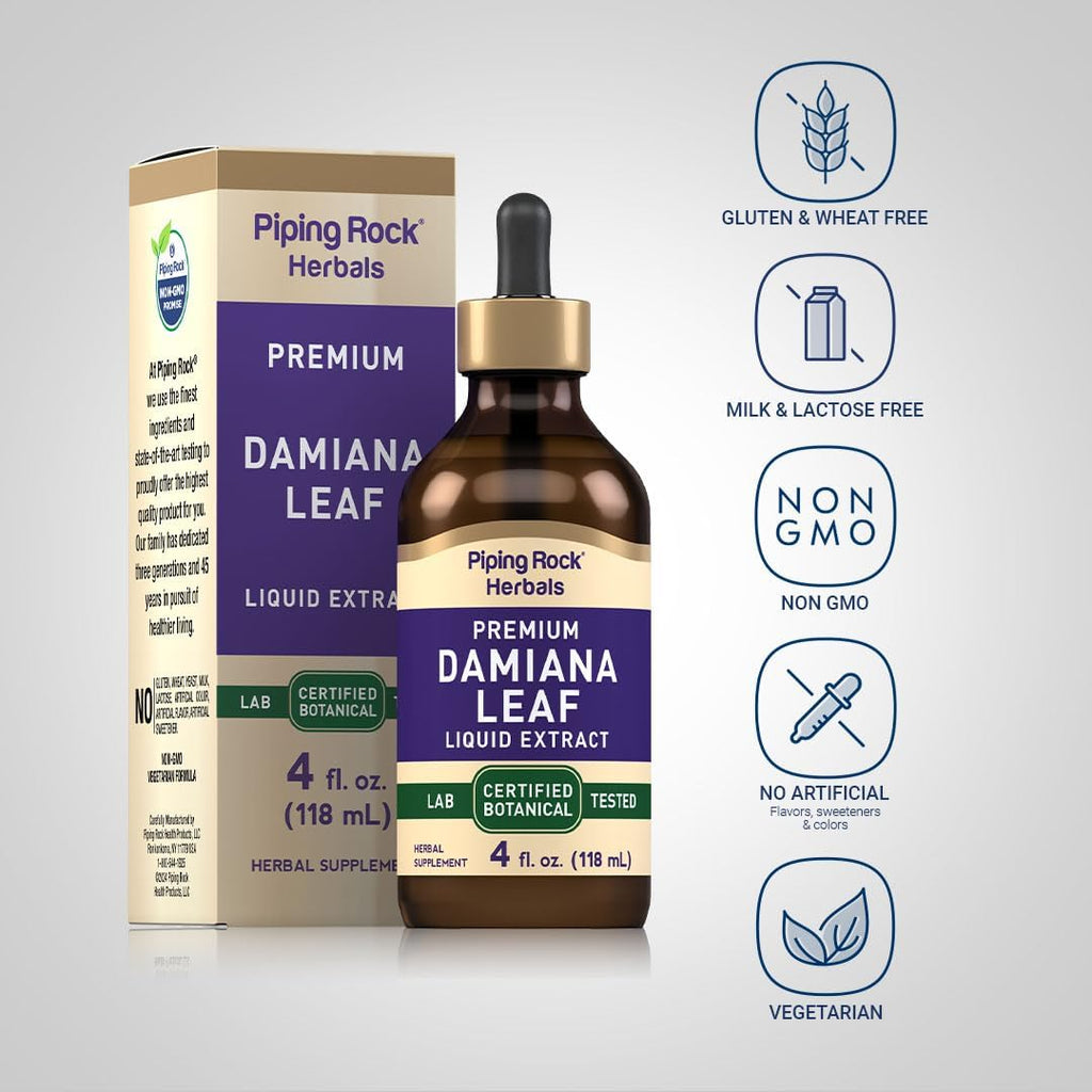 Extracto Líquido de Hoja de Damiana de Piping Rock - 118 ml - Tintura Sin Alcohol, Sin Gluten, No-GMO, Vegano
