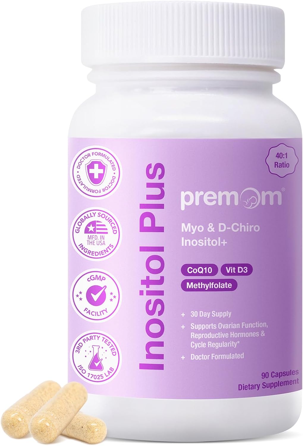 Premom Inositol Plus para Mujeres – 2000 mg Myo-Inositol y 50 mg D-Chiro Inositol (Proporción 40:1), con CoQ10, Metilfolato y Vitamina D3 – 90 Cápsulas Veganas