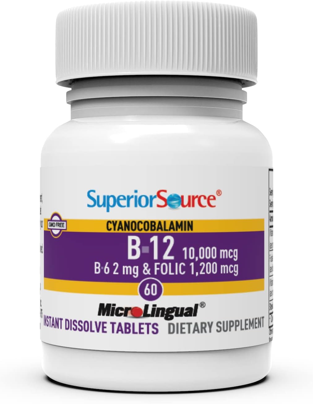 Superior Source No Shot Vitamina B-12 Cianocobalamina 10000 mcg con B-6 y Ácido Fólico - 60 Comprimidos Sublinguales