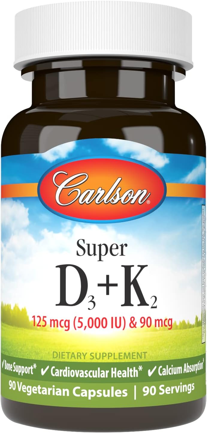 Carlson Super D3 + K2, 125 mcg (5000 UI) Vitamina D3, 90 mcg Vitamina K2 como MK-7, Soporte Óseo, Absorción de Calcio, 45 Cápsulas Vegetales