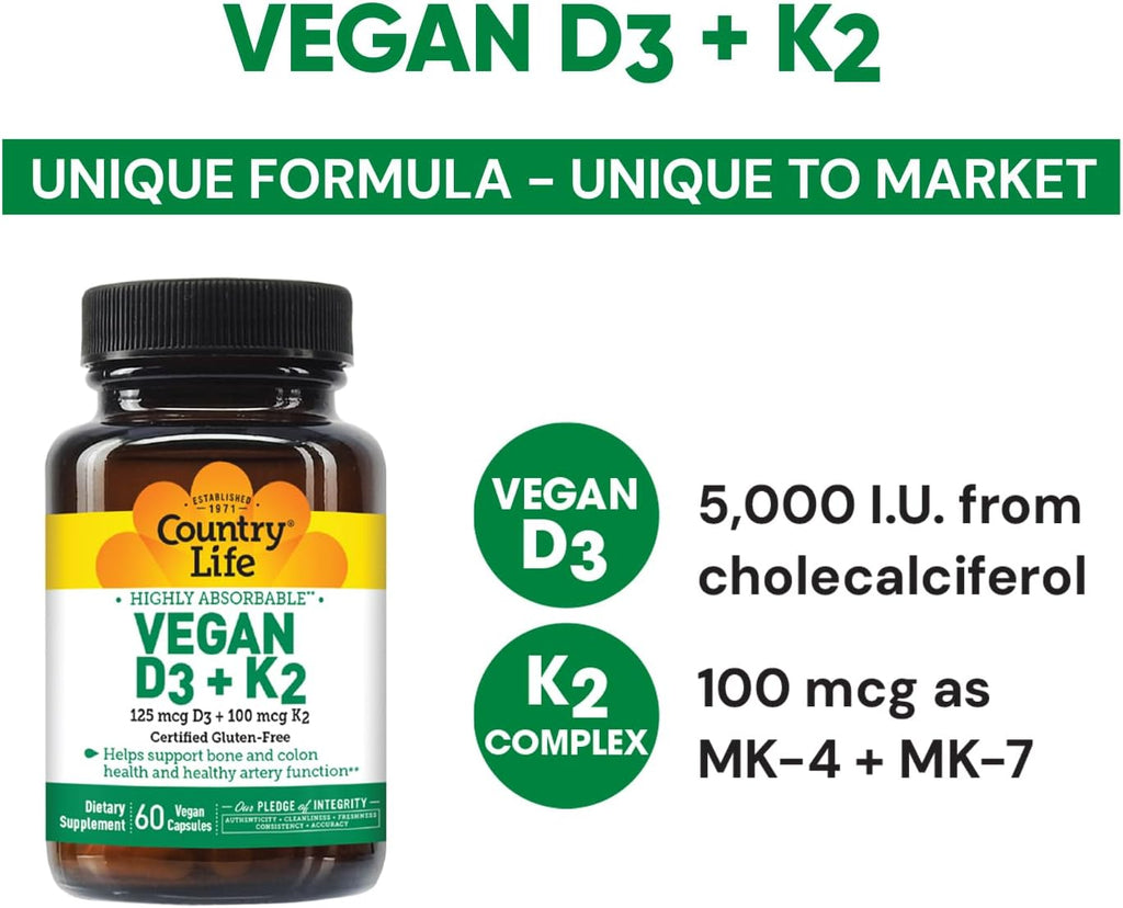 Country Life Vegan D3 + K2 – 5000 UI de Vitamina D3 y 100 mcg de MK-4 y MK-7 | Apoya la Salud Ósea e Inmunitaria | Vegano, Sin Gluten, B-Corp | 60 Cápsulas