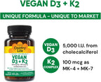 Country Life Vegan D3 + K2 – 5000 UI de Vitamina D3 y 100 mcg de MK-4 y MK-7 | Apoya la Salud Ósea e Inmunitaria | Vegano, Sin Gluten, B-Corp | 60 Cápsulas