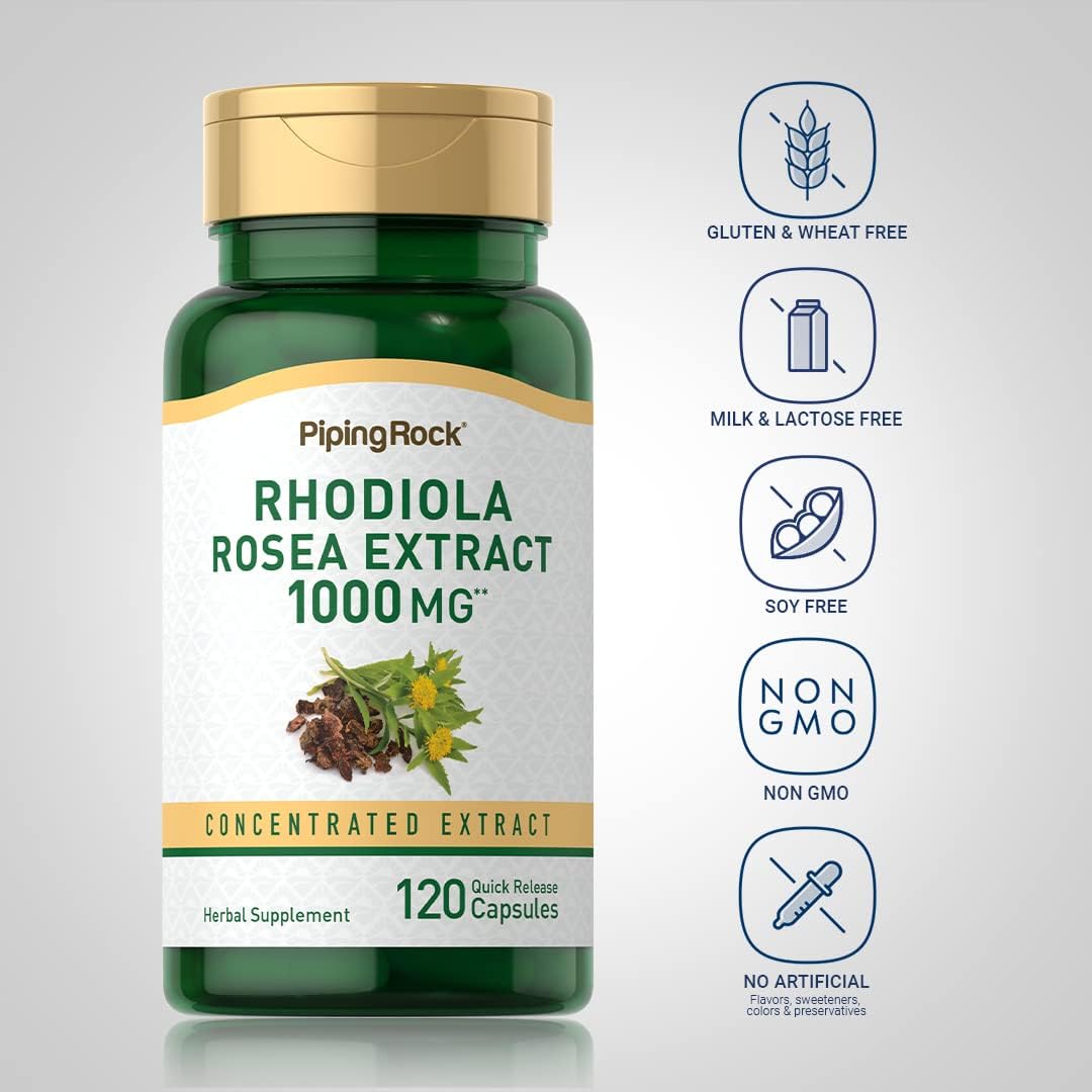 Piping Rock Rhodiola Rosea Suplemento | 120 Cápsulas | Extracto Concentrado de Hierba | No Transgénico, Sin Gluten