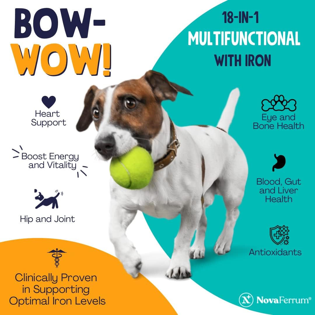 NovaFerrum Bow Wow | Suplemento multifuncional 18 en 1 con hierro para perros | Apoyo sanguíneo para anemia | Glucosamina | Probióticos | Antioxidantes | Sabor a pollo | 90 masticables