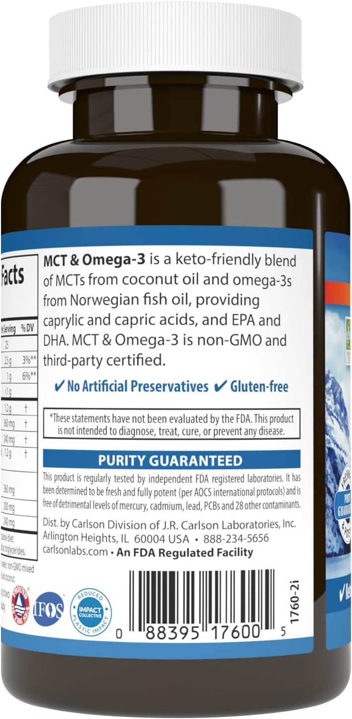 Carlson MCT & Omega-3, Coconut Oil, EPA & DHA, 60 Capsules