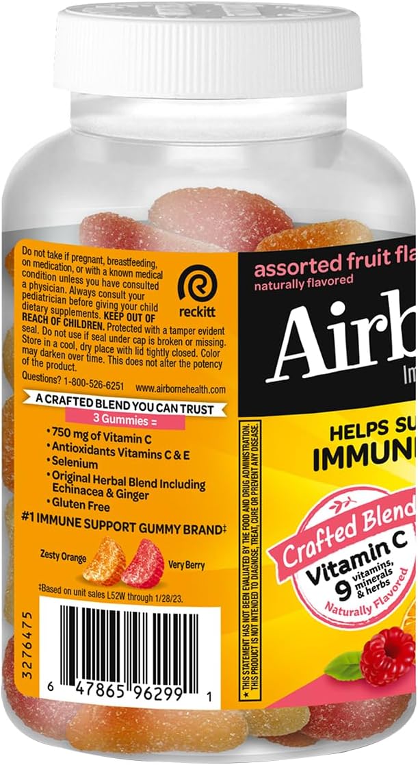 Airborne 750 mg Vitamina C Gominolas para Adultos, Sabor Frutas Variadas, Sin Gluten, 63 Gominolas (Paquete de 3)