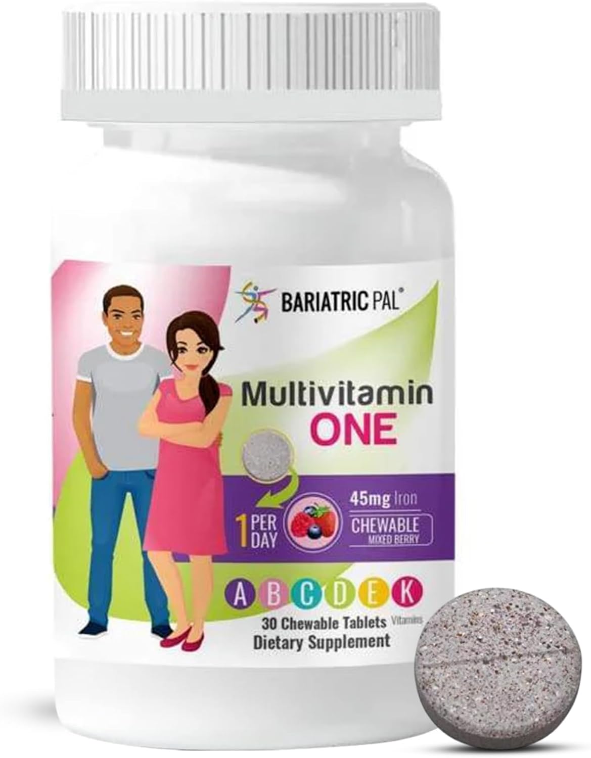 BariatricPal Multivitamin ONE - Multivitamínico masticable sin hierro sabor bayas mixtas - 30 comprimidos