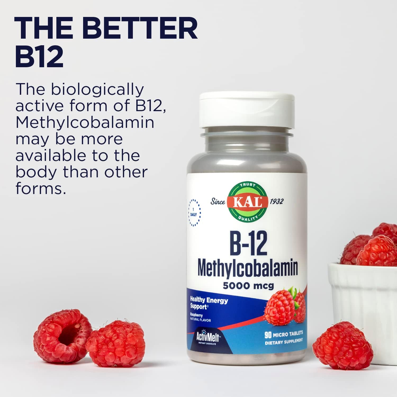KAL Vitamina B12 Metilcobalamina 5000 mcg, Comprimidos sublinguales ActivMelts, Sabor natural a frambuesa, 90 unidades