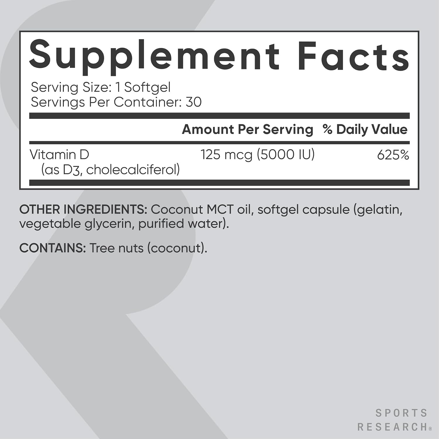 Sports Research Vitamina D3 5000 IU con Aceite de Coco MCT - 30 Cápsulas Blandas