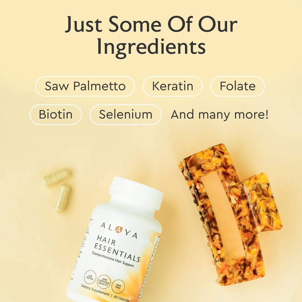 Alaya Hair Essentials - Suplemento Capilar con Biotina, Queratina, Folato, Vitamina B12, B6 - Probado en Laboratorio - Sin Gluten - 30 Días