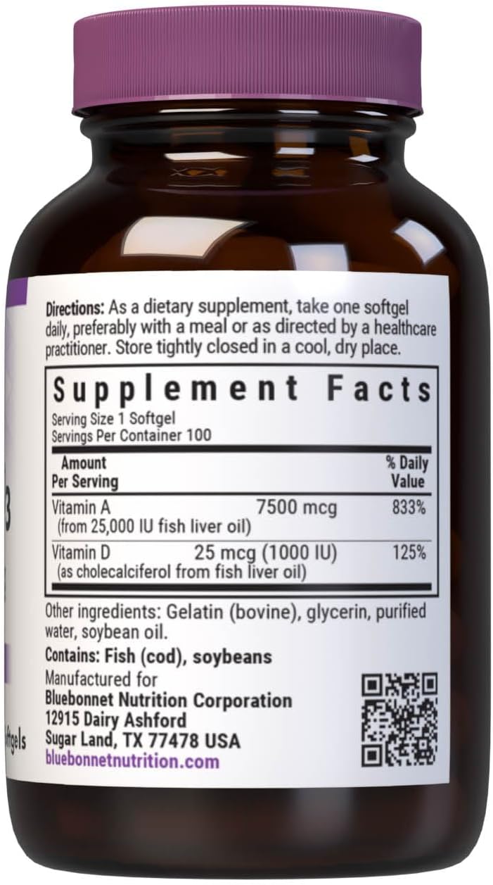 Bluebonnet Nutrition Vitamina A y D3 25.000 UI/1.000 UI – 100 Cápsulas Blandas