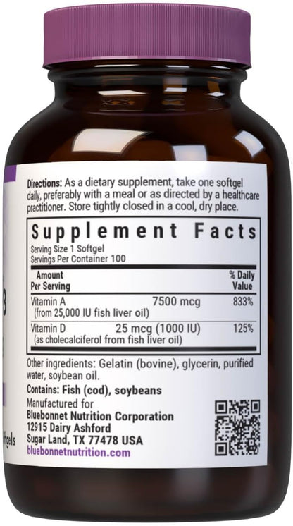 Bluebonnet Nutrition Vitamina A y D3 25.000 UI/1.000 UI – 100 Cápsulas Blandas – Image 2