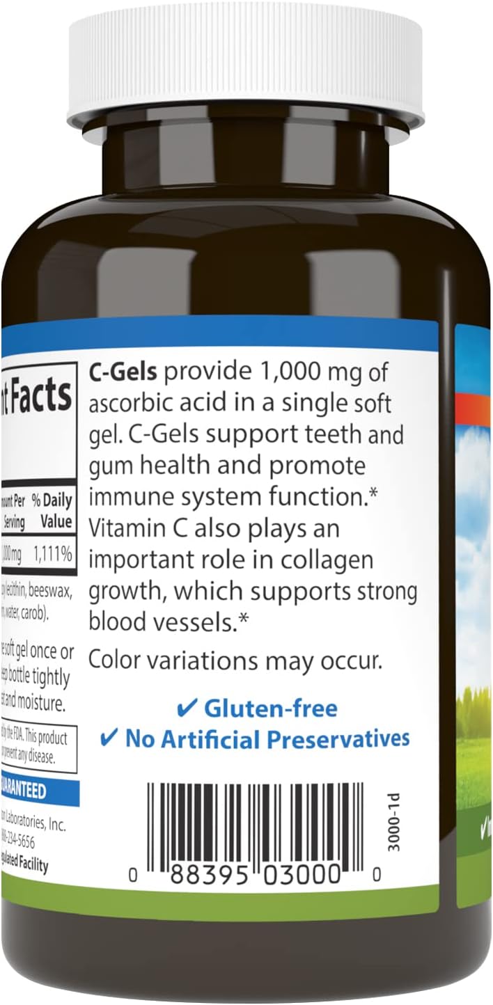 Carlson C-Gel, Vitamina C 1000 mg, Apoyo Inmunitario y Salud de los Tejidos, Antioxidante, 60 Softgels