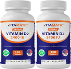 Vitamatic Vitamina D2 60 mcg (2400 UI) - Ergocalciferol - 180 Comprimidos Vegetarianos (2 Botellas)