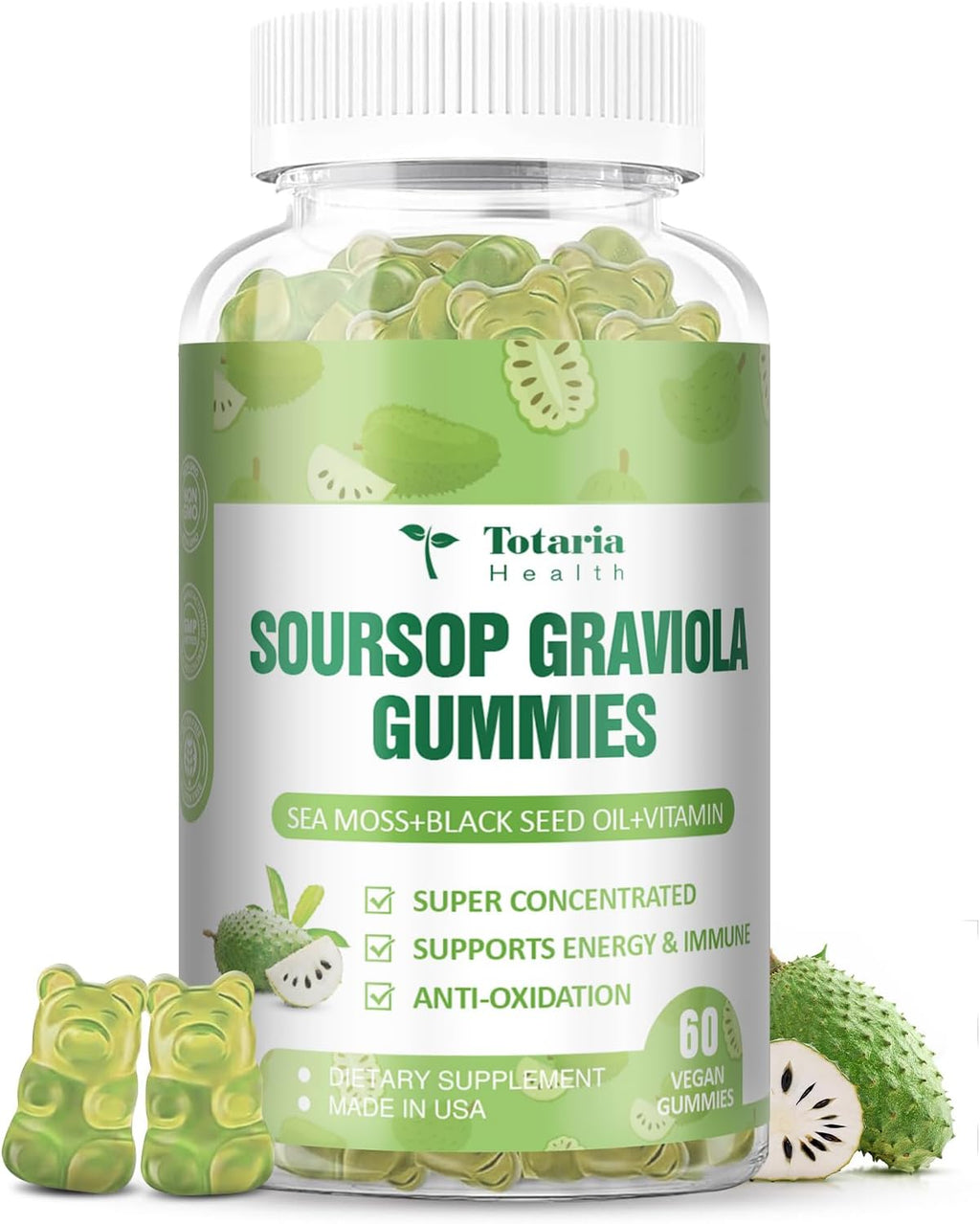 Totaria Sugar Free Soursop Oil Graviola Sea Moss Gummies - Apoyo Digestivo, Sueño, Piel, Inmunidad y Antioxidante - Guanábana con Musgo Marino, 150mg Aceite de Semilla Negra Orgánico No-OGM Vegano