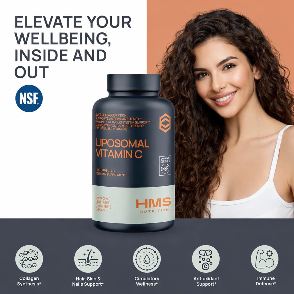 HMS Nutrition Vitamina C Liposomal 1600 mg — Cápsulas Liposomales de Alta Absorción para el Apoyo Inmunitario y la Piel | Certificado NSF, No GMO, Sin Gluten | 180 Cápsulas (Suministro para 90 Días)