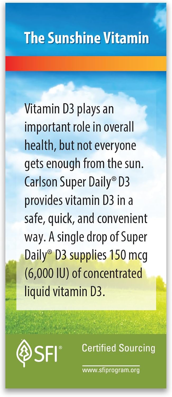 Carlson Super Daily D3 - Vitamina D3 Líquida 6000 UI por Gota (150 mcg), 365 Gotas Vegetarianas