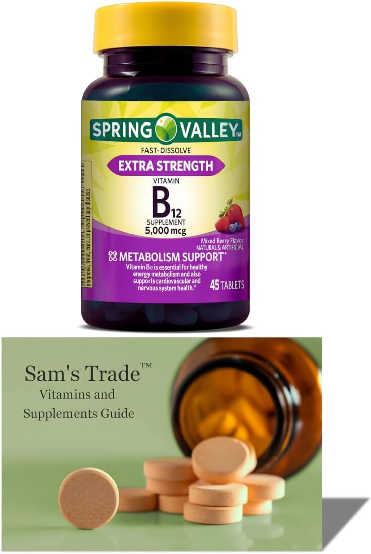 Spring Valley Vitamina B12 5000mcg - Comprimidos Sublinguales de Disolución Rápida - Metilcobalamina - 45 Comprimidos Sabor Bayas